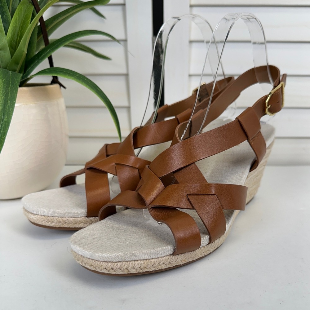 Cole Haan Crystal Wedge Sandal Tan Faux‎ Leather Strappy Espadrille Shoe Size 9B